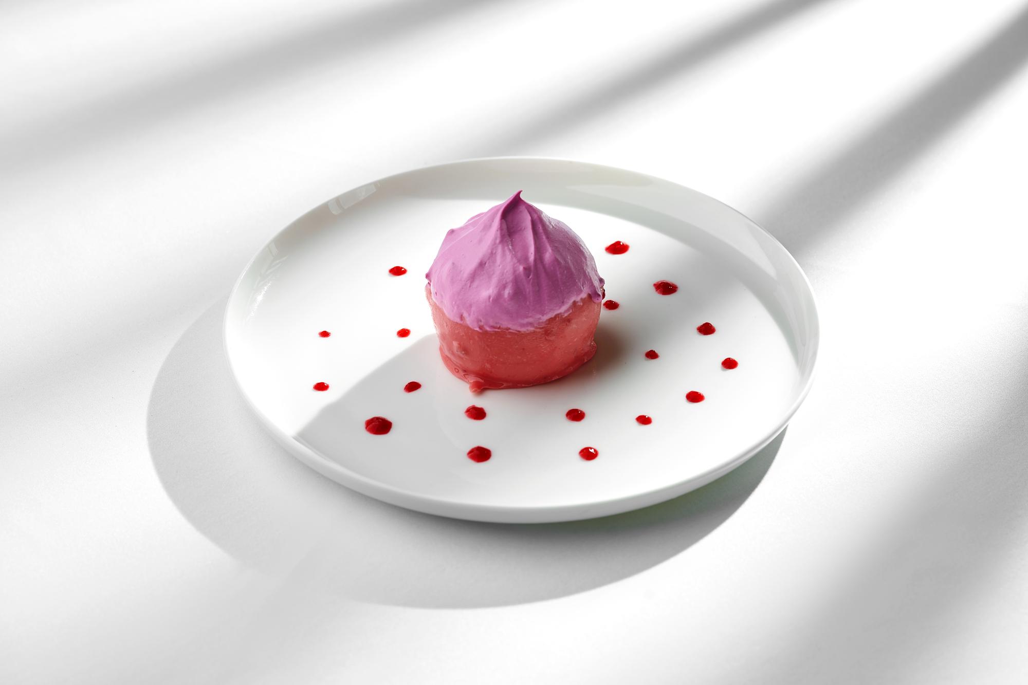 close up plated dessert with textured glaze